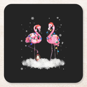 Flamingo Christmas Tree Santa Hat Light Square Paper Coaster