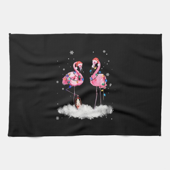 Flamingo Christmas Tree Santa Hat Light Tea Towel (Horizontal)