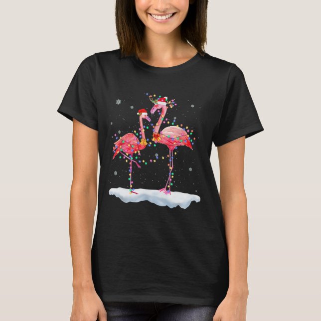 Flamingo Christmas Tree Santa Hat Xmas Light T-Shirt (Front)