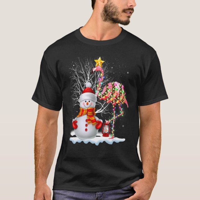 Flamingo Christmas Tree Snowman Santa Hat Flamingo T-Shirt (Front)