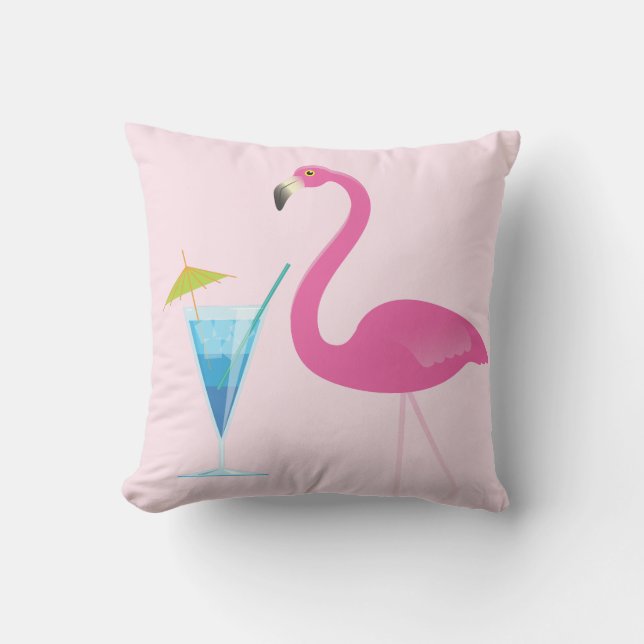 Flamingo & Cocktail on Blush Pink Outdoor Pillow (Front)
