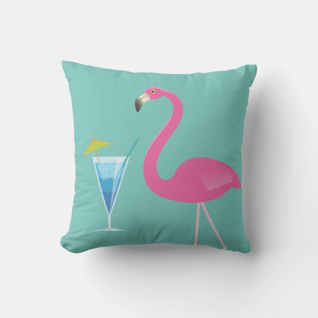 Flamingo & Cocktail on Turquoise Outdoor Pillow (Front)