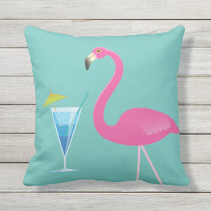Flamingo & Cocktail on Turquoise Outdoor Pillow