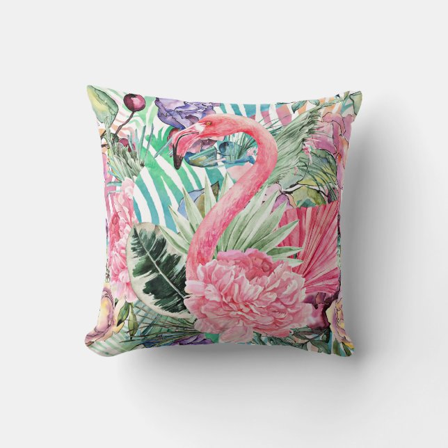 Flamingo colourful watercolor cushion (Front)