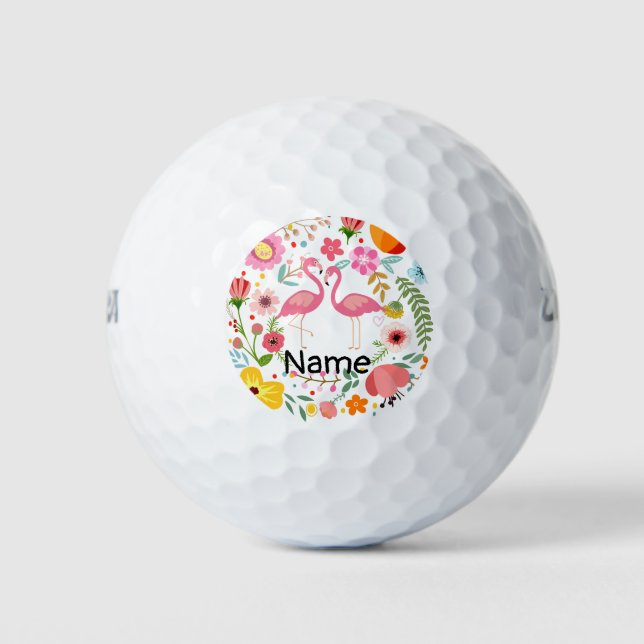 Flamingo couple stand on flower with name  golf balls (Front)