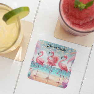 Flamingo Dance and Birthday Celebration Party Square Paper Coaster