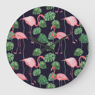Flamingo Dark: Small Watercolor Pattern. Large Clock