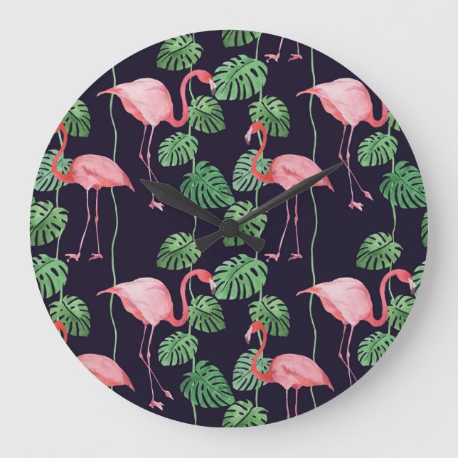 Flamingo Dark: Small Watercolor Pattern. Large Clock (Front)