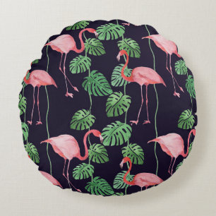Flamingo Dark: Small Watercolor Pattern. Round Cushion