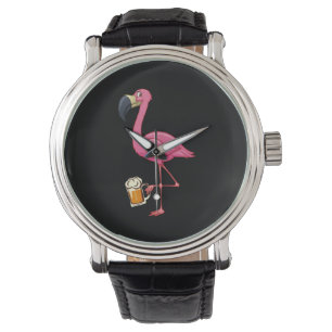 Flamingo Drinking Beer - Funny Pink Flamingo Watch