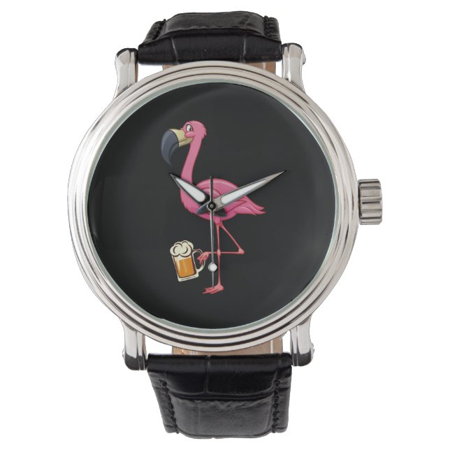 Flamingo Drinking Beer - Funny Pink Flamingo Watch (Front)