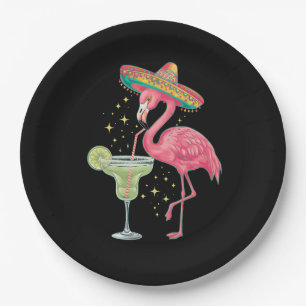 Flamingo Drinking Margarita Funny Mexican Poncho Paper Plate