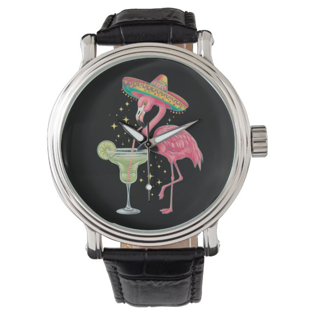 Flamingo Drinking Margarita Funny Mexican Poncho Watch (Front)
