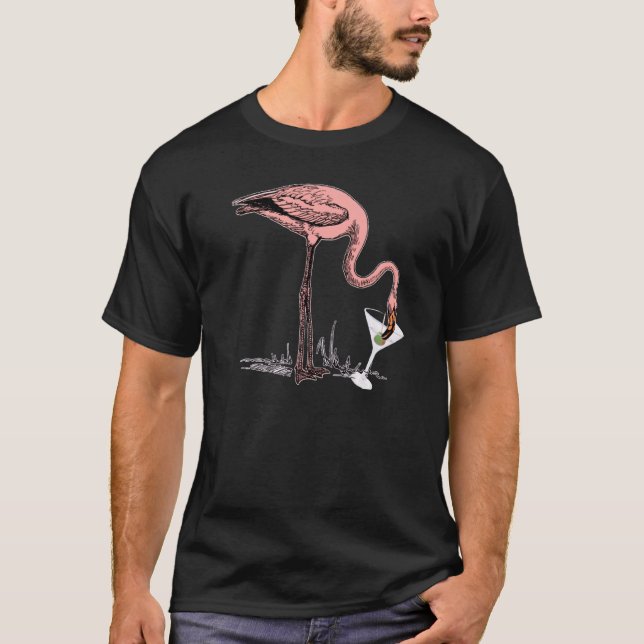 Flamingo Drinking Martini Art Illustration Premium T-Shirt (Front)
