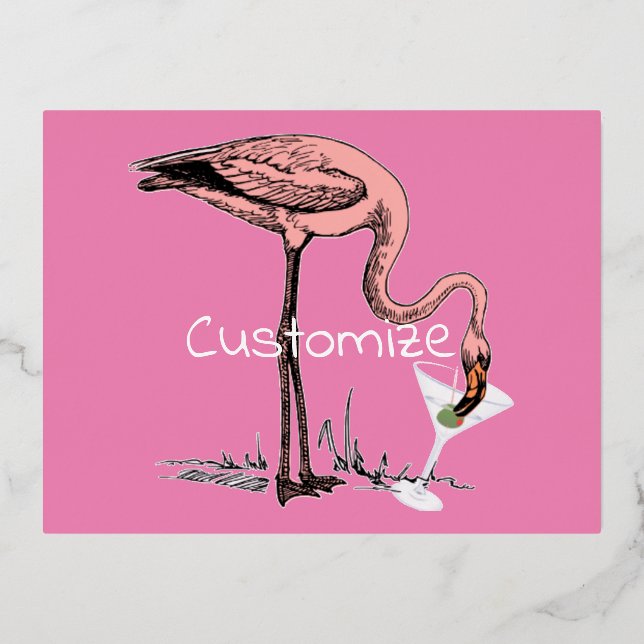 Flamingo Drinking Martini Thunder_Cove Foil Holiday Postcard (Front)