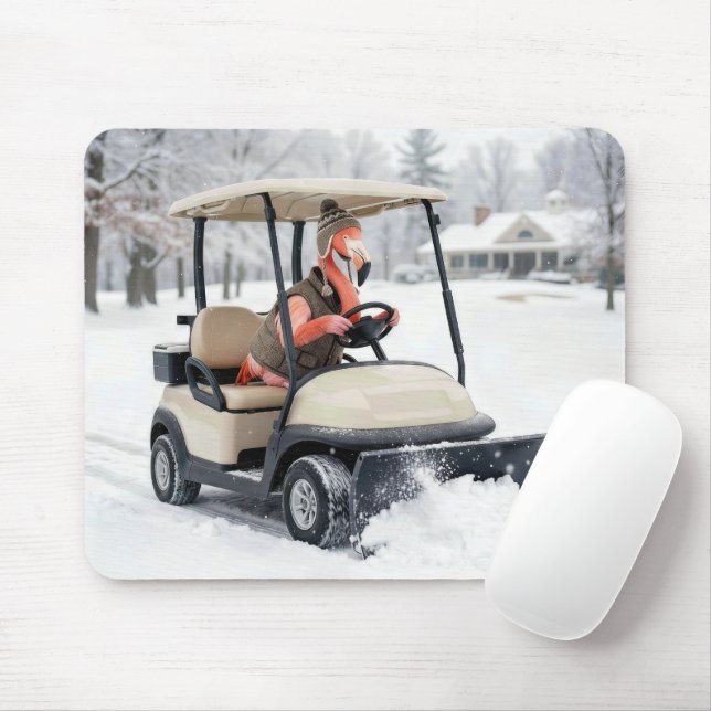 Flamingo Driving a Golf Cart With Snowplow Mouse Pad (With Mouse)