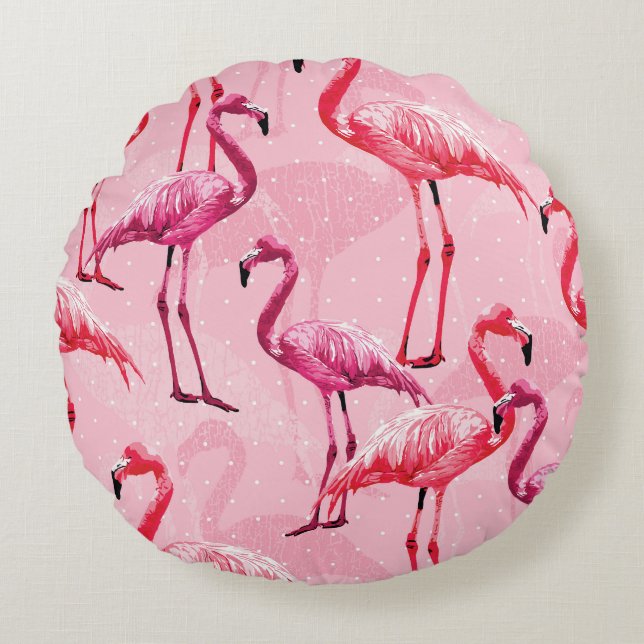 Flamingo Elegance: Pink Bird Pattern. Round Cushion (Front)