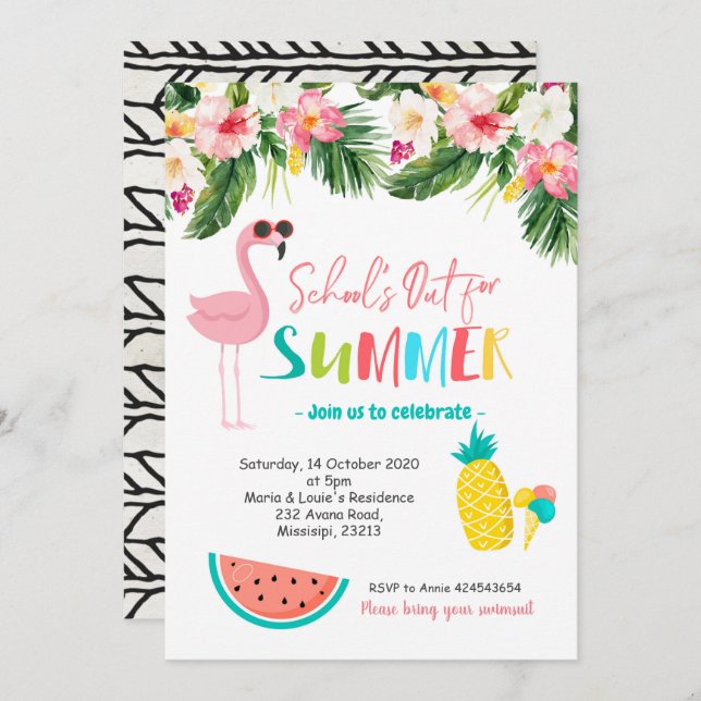 Flamingo End of school summer party Invitation (Front/Back)