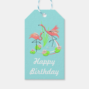 Flamingo Fandango Duo Happy Birthday blue back Gift Tags