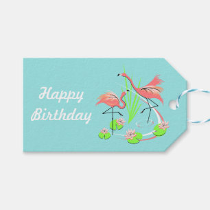 Flamingo Fandango Duo Happy Birthday blue back Gift Tags