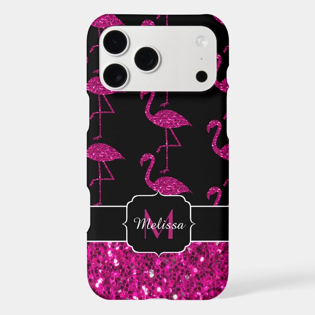 Flamingo faux sparkles pattern black Monogram (Back)
