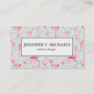 Flamingo Feathers On Polka Dots Add Your Name Business Card