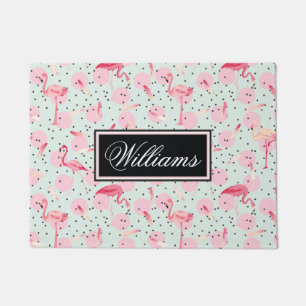 Flamingo Feathers On Polka Dots Add Your Name Doormat