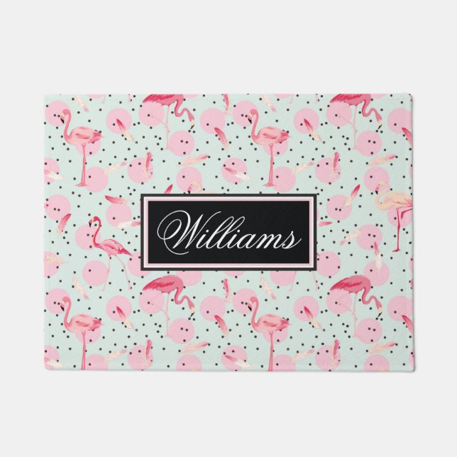 Flamingo Feathers On Polka Dots | Add Your Name Doormat (Front)