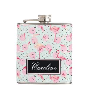 Flamingo Feathers On Polka Dots Add Your Name Hip Flask