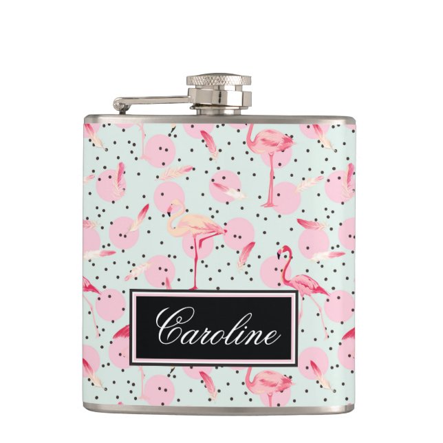 Flamingo Feathers On Polka Dots | Add Your Name Hip Flask (Front)