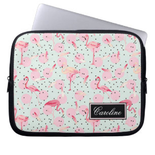 Flamingo Feathers On Polka Dots Add Your Name Laptop Sleeve
