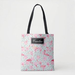 Flamingo Feathers On Polka Dots Add Your Name Tote Bag