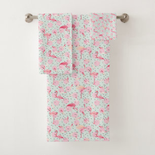 Flamingo Feathers On Polka Dots Bath Towel Set