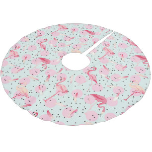 Flamingo Feathers On Polka Dots Brushed Polyester Tree Skirt