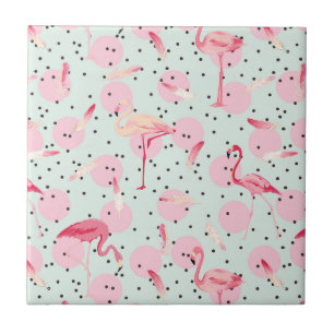 Flamingo Feathers On Polka Dots Ceramic Tile