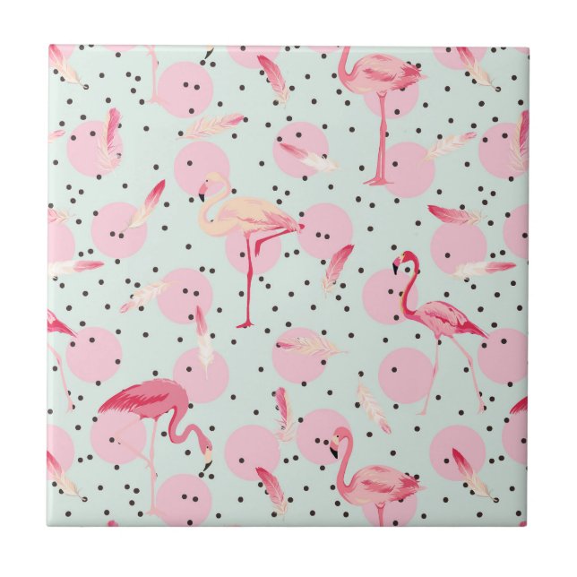 Flamingo Feathers On Polka Dots Ceramic Tile (Front)