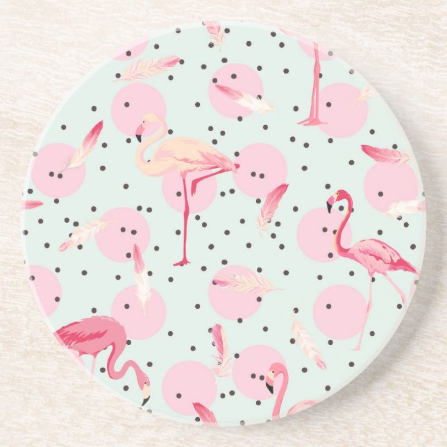 Flamingo Feathers On Polka Dots Coaster (Front)