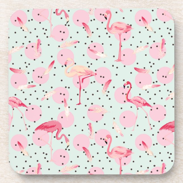 Flamingo Feathers On Polka Dots Coaster (Front)