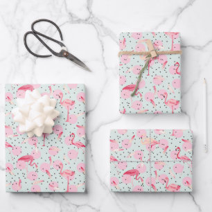 Flamingo Feathers On Polka Dots Wrapping Paper Sheet