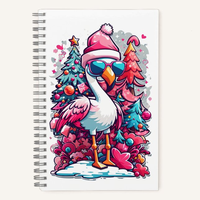 Flamingo Festivities Santa Hat and Glasses Christm Notebook (Front)