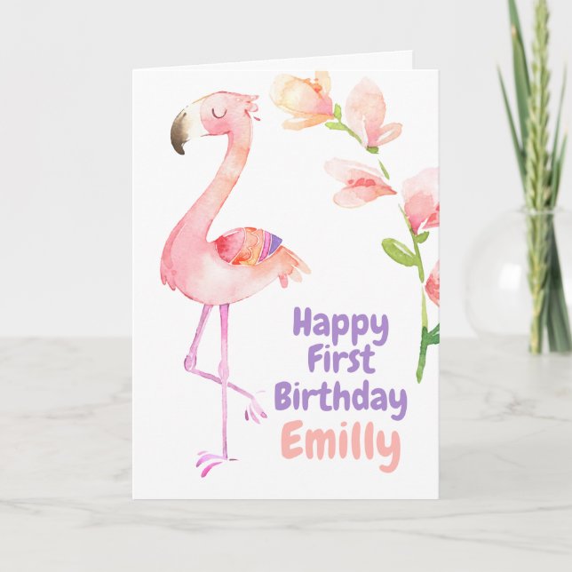 Flamingo First birthday Happy 1st Birthday Card (Front)