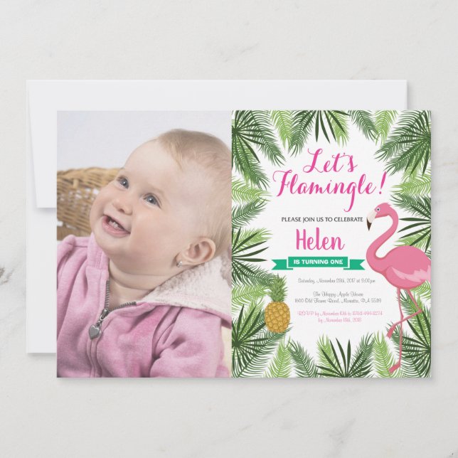 Flamingo First Birthday Invitation Girl (Front)