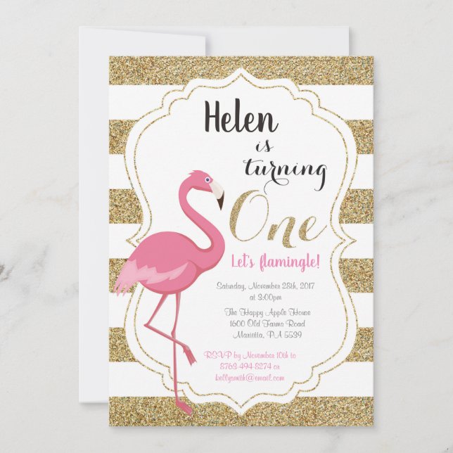 Flamingo First Birthday Invitation Girl (Front)