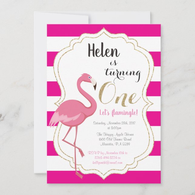 Flamingo First Birthday Invitation Girl (Front)
