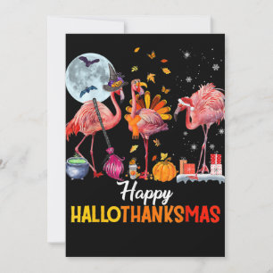 Flamingo Flamingo Halloween And Merry Christmas Holiday Card