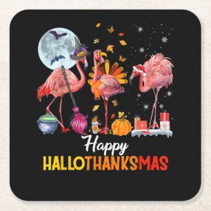 Flamingo Flamingo Halloween And Merry Christmas Square Paper Coaster