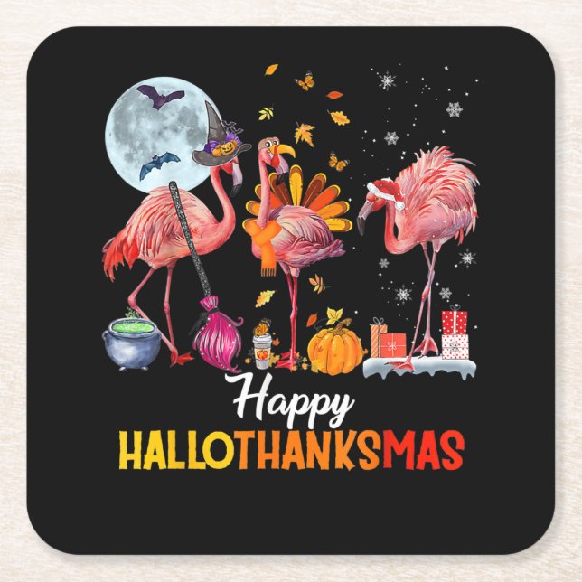 Flamingo | Flamingo Halloween And Merry Christmas Square Paper Coaster (Front)