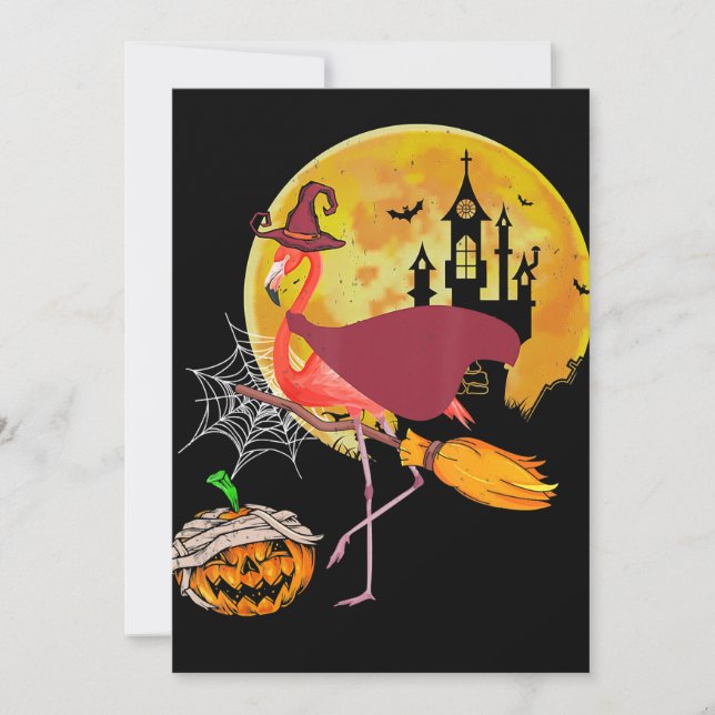 Flamingo | Flamingo Riding Broom Pumpkin Halloween Holiday Card (Front)