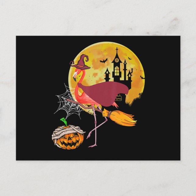 Flamingo | Flamingo Riding Broom Pumpkin Halloween Holiday Postcard (Front)
