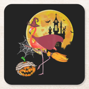 Flamingo   Flamingo Riding Broom Pumpkin Halloween Square Paper Coaster